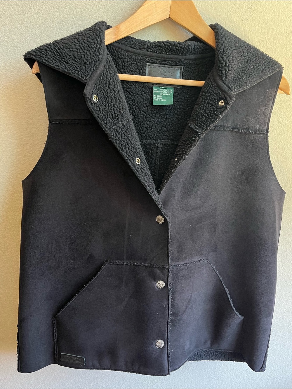 Ralph Lauren Women's Black Faux Suede Hooded Sherpa Vest with Snap Front